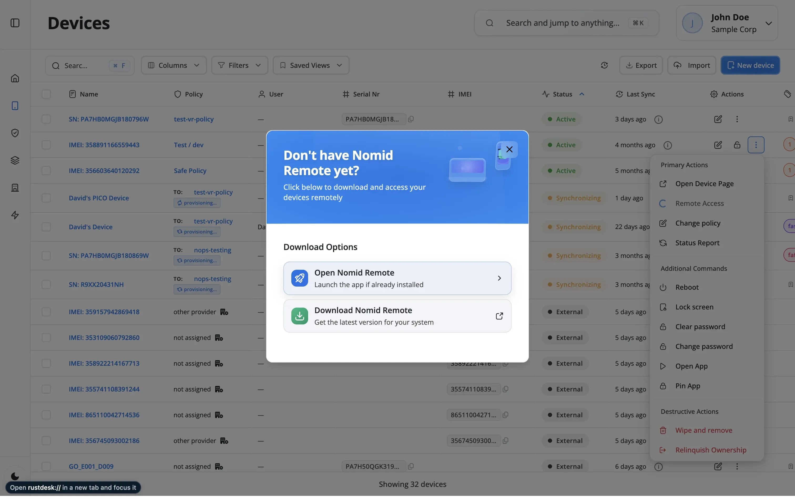 Remote access interface showing device screen sharing and control features